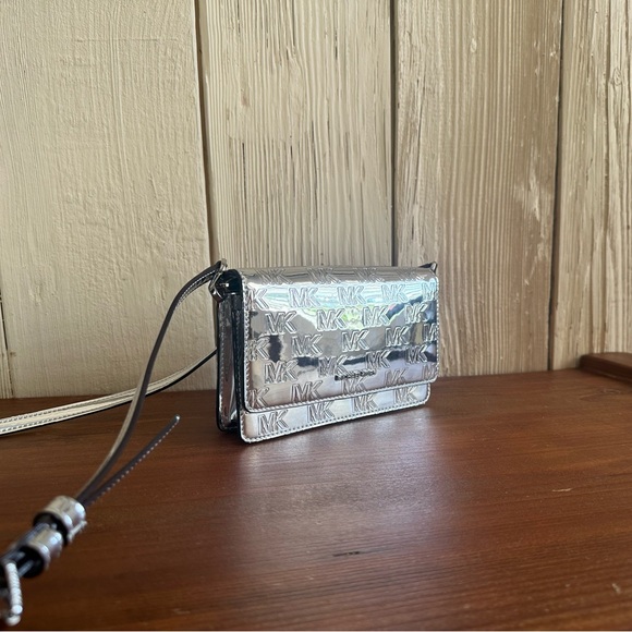 Michael Kors Jet Set Small Phone Crossbody Silver Metallic Monogram - Picture 13 of 13